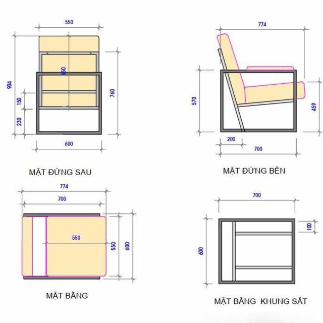 Khung ghế sofa sắt 70x60x57cm sơn tĩnh điện GSD68121