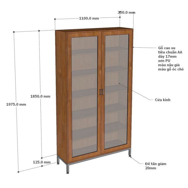 Tủ sách cửa kính 110x35x200cm gỗ cao su KS68353