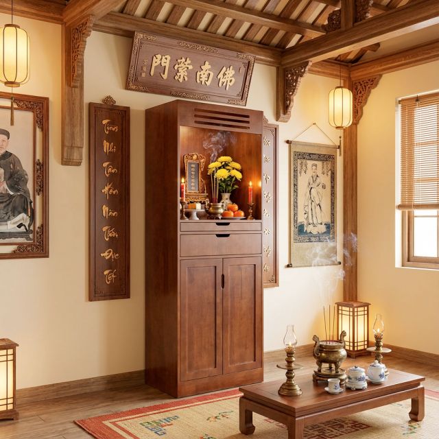 Tủ thờ gia tiên 68x50x192cm gỗ cao su TTGT001