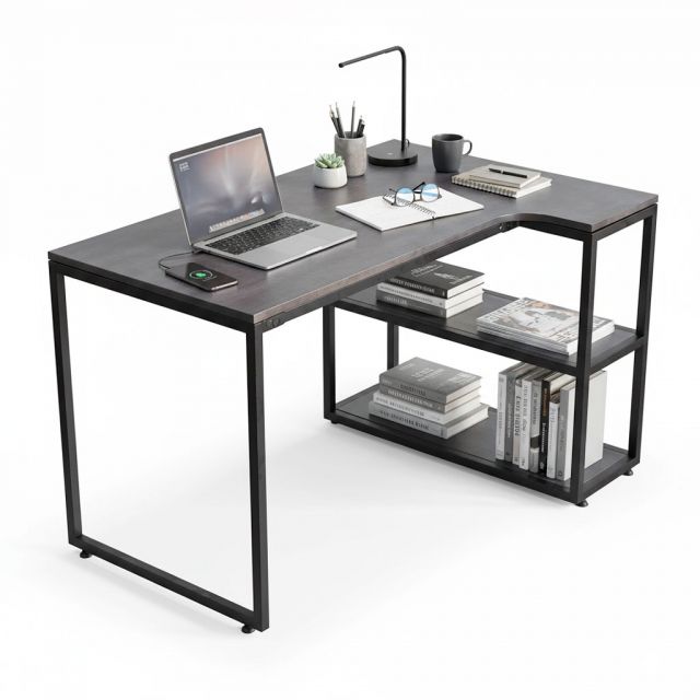 Bàn góc L liền kệ 120x80cm gỗ cao su CD68042