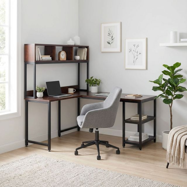 Bàn góc L liền kệ sách 160x140x158cm gỗ tràm FD68087