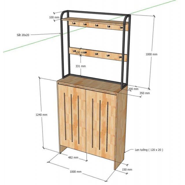 Kệ để giày có giá móc đồ 100x35x224cm gỗ cao su KG68109
