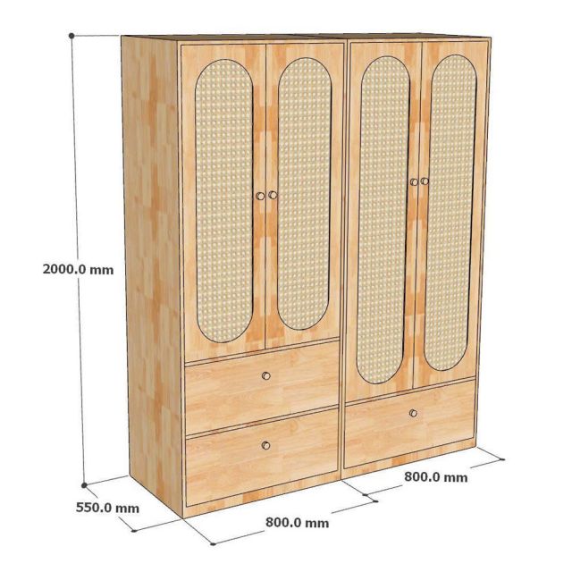 Tủ quần áo 160x55x200cm gỗ cao su TQA68080