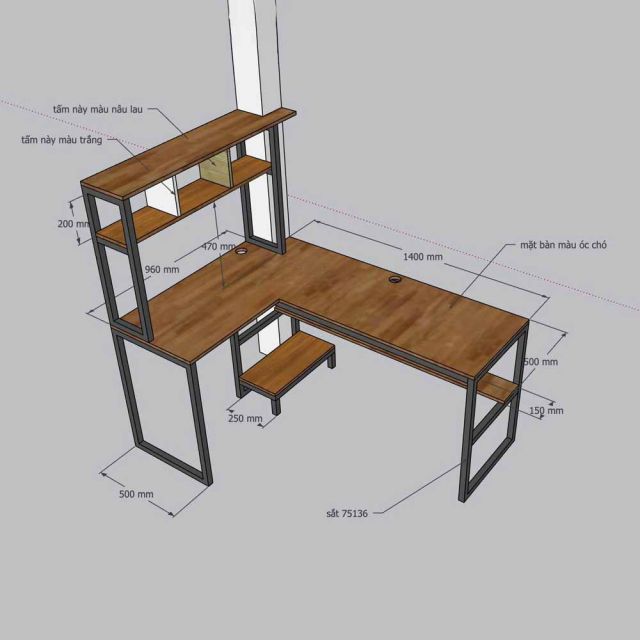Bàn làm việc góc L 140x50x75cm gỗ cao su khung sắt CD68043