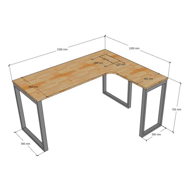 Bàn góc L có hộp điện 150x120cm gỗ cao su ZD034