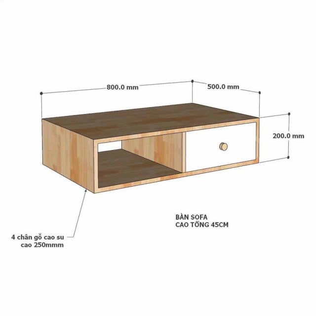 Bàn sofa chữ nhật 80x50x45cm gỗ cao su TT68361