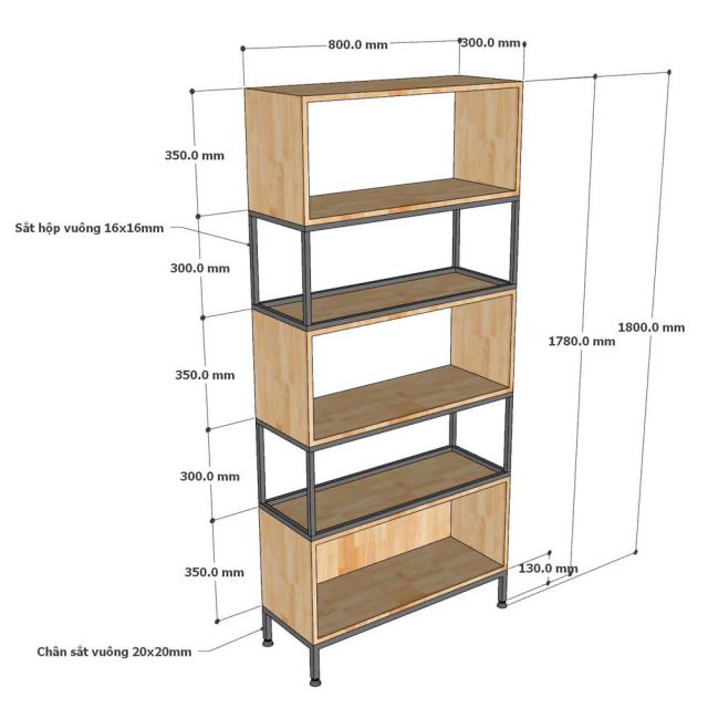 Kệ 5 tầng 80x30x180cm gỗ cao su khung sắt KS68357