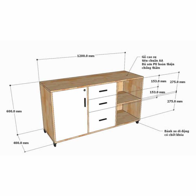 Tủ hồ sơ di động 120x40x60cm gỗ cao su TCN68087