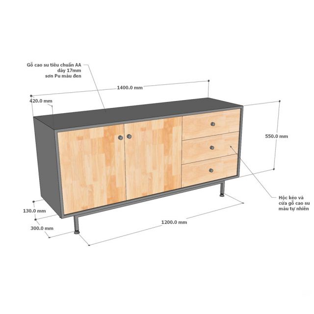 Tủ trang trí 140x42x70cm gỗ cao su KTB68250