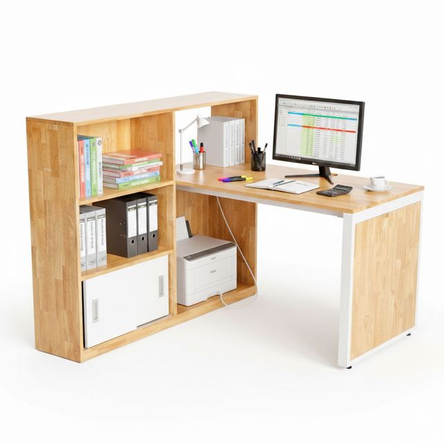 Bàn góc L liền kệ 130x140x110cm gỗ cao su CD68045