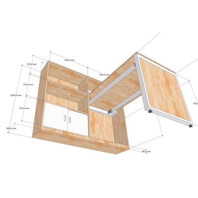 Bàn góc L liền kệ 130x140x110cm gỗ cao su CD68045