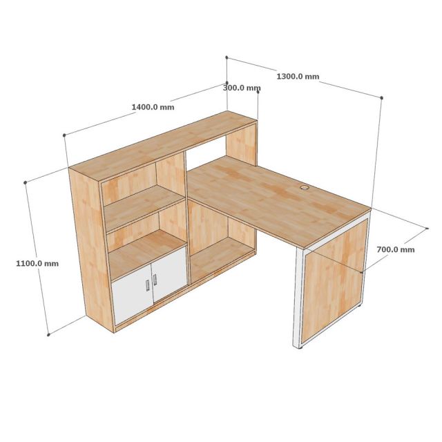 Bàn góc L liền kệ 130x140x110cm gỗ cao su CD68045