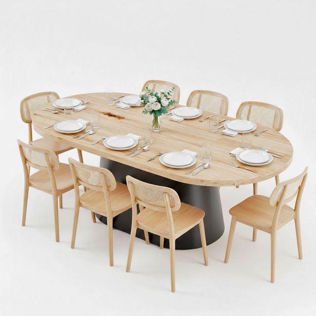 Combo bàn ăn Oval gỗ thông 200x100cm và 8 ghế Secco BBA229