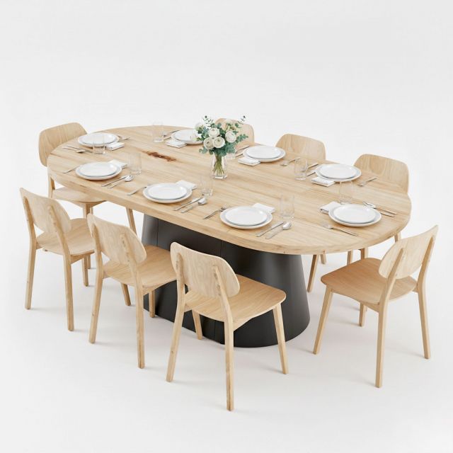 Combo bàn ăn Oval gỗ thông 200x100cm và 8 ghế PLC BBA230