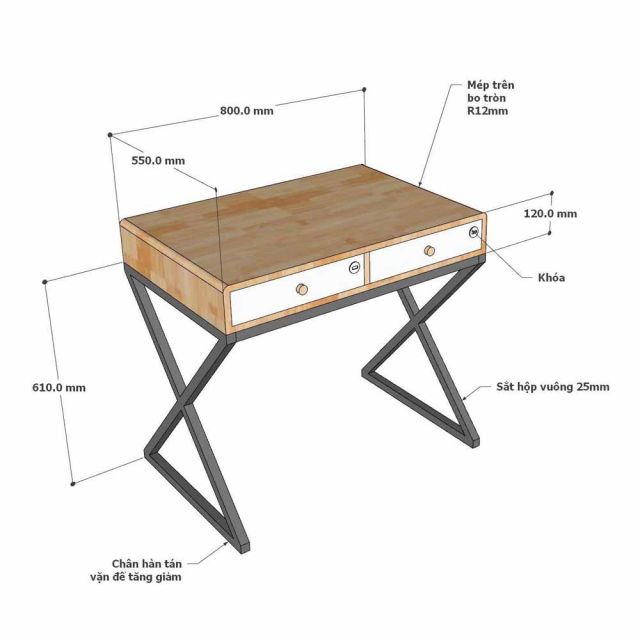 Bàn trang điểm 80x55cm gỗ cao su chân sắt hệ X BTD68082