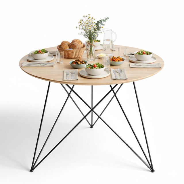 Bàn ăn tròn 100cm gỗ cao su chân sắt Hairpin BA68308