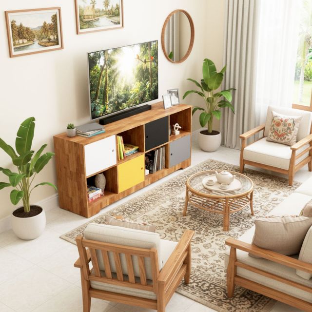 Kệ tivi phòng ngủ kết hợp kệ đồ chơi cho bé gỗ cao su KTV68134