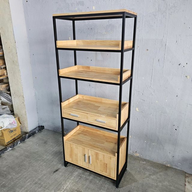 Kệ sách có ngăn tủ 74x35x182(cm) gỗ cao su khung sắt KS68120