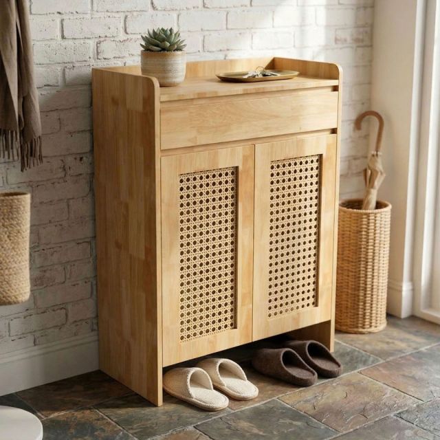 Tủ để giày dép cửa lưới mây 70x35x100cm gỗ cao su KG68121