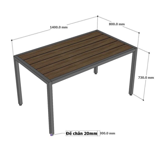 Bàn ngoài trời 140x70cm gỗ nhựa chân sắt BNT025