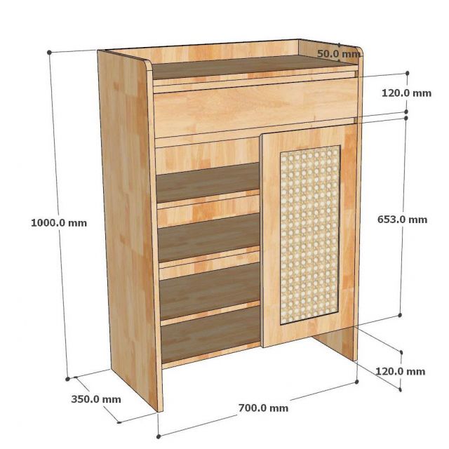 Tủ để giày dép cửa lưới mây 70x35x100cm gỗ cao su KG68121