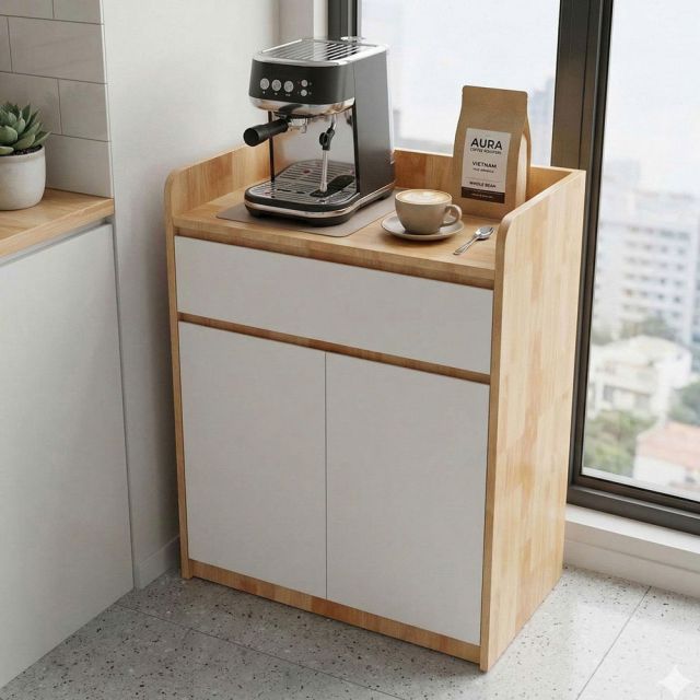 Tủ để máy pha cafe gia đình/văn phòng gỗ cao su KDCF001