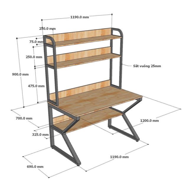 Bàn liền kệ sách chữ K 120x70x165cm gỗ cao su FD68087