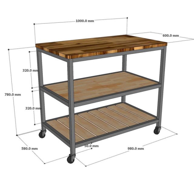 Kệ bếp di động 3 tầng 100x60x86cm gỗ tự nhiên KB68096