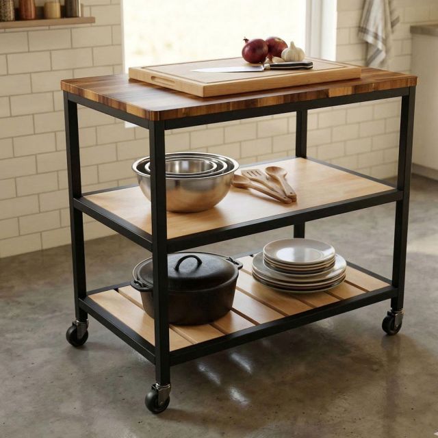 Kệ bếp di động 3 tầng 100x60x86cm gỗ tự nhiên KB68096