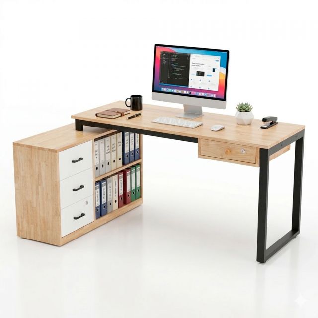 Bàn làm việc gác tủ 140x100cm gỗ cao su HBRT130