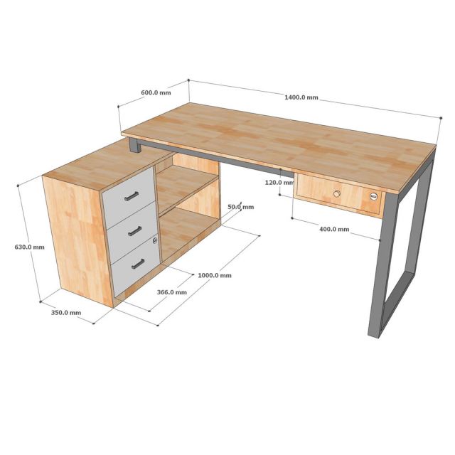 Bàn làm việc gác tủ 140x100cm gỗ cao su HBRT130