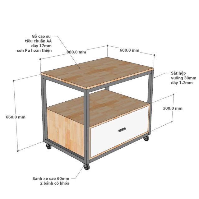 Tủ di động 86x60x72cm gỗ cao su KB68097