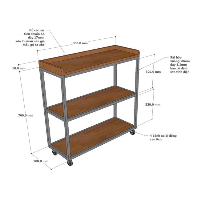 Kệ bếp di động 3 tầng 80x30x81cm gỗ cao su KB68094
