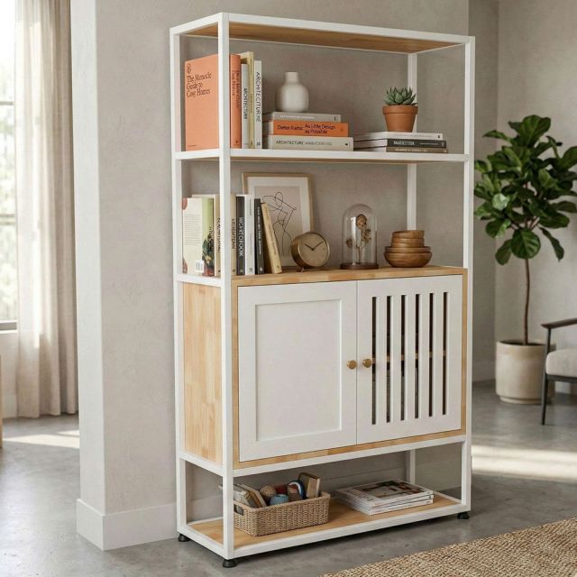 Kệ tủ trang trí 80x30x140cm gỗ cao su khung sắt KTT68068