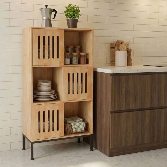 Tủ trang trí 70x35x140cm gỗ cao su chân sắt KTB68261