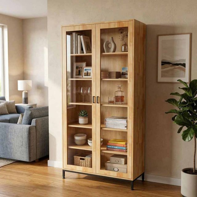 Tủ trang trí phòng khách 100x40x200cm gỗ cao su cửa kính KTT68070