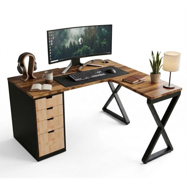 Bàn góc L gác tủ 150x120cm gỗ tự nhiên HBXC062