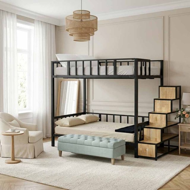 Giường tầng lắp ráp có bậc thang 250x125x180cm gỗ cao su chân sắt GT018