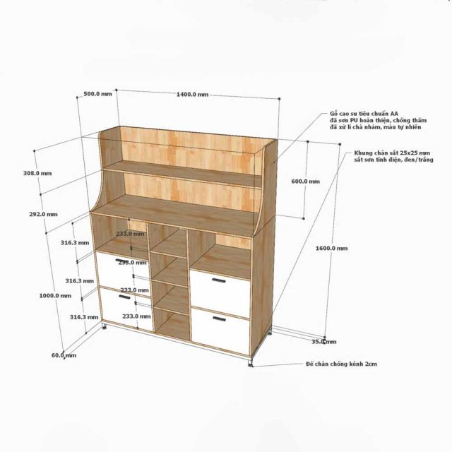 Kệ tủ bếp STELLAR 140x50x160cm gỗ cao su chân sắt KTB68266