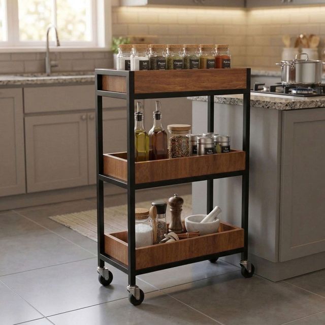 Kệ gia vị di động 50x26x93cm gỗ cao su khung chân sắt KB68101