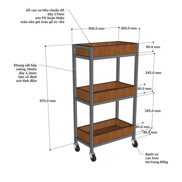 Kệ gia vị di động 50x26x93cm gỗ cao su khung chân sắt KB68101