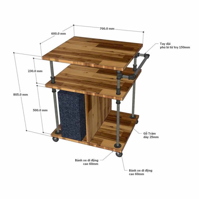 Kệ để CPU di động 70x60x80cm gỗ cao su khung sắt ống nước KCPU68032