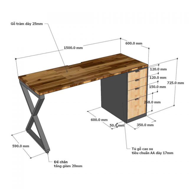 Bàn làm việc gác tủ 150x50cm gỗ tự nhiên HBXC061