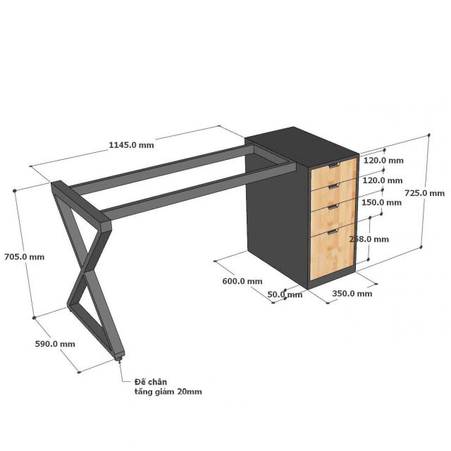 Bàn làm việc gác tủ 150x50cm gỗ tự nhiên HBXC061