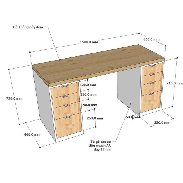 Bàn làm việc gác tủ 150x60cm gỗ tự nhiên BD68178