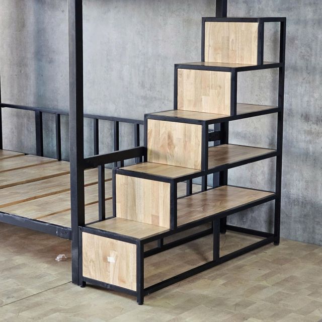 Giường tầng lắp ráp có bậc thang 250x125x180cm gỗ cao su chân sắt GT018