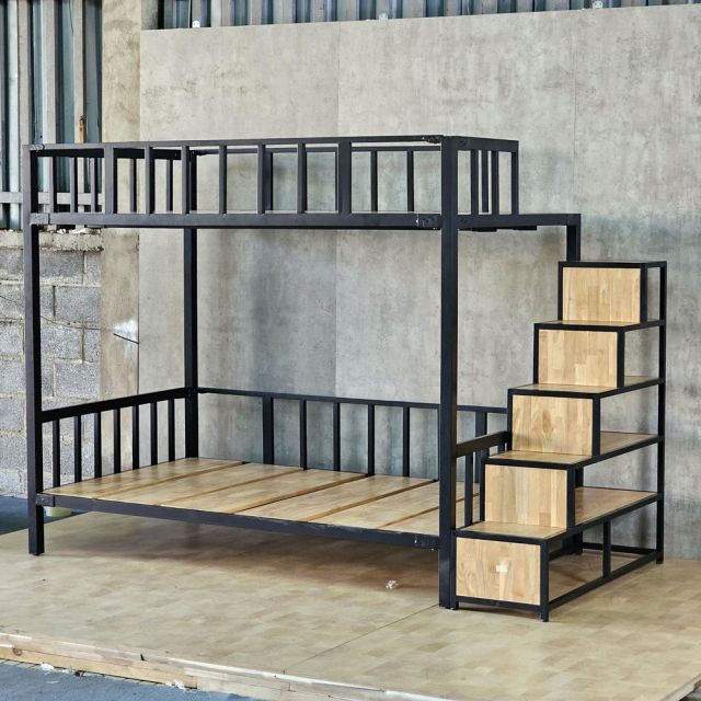 Giường tầng lắp ráp có bậc thang 250x125x180cm gỗ cao su chân sắt GT018