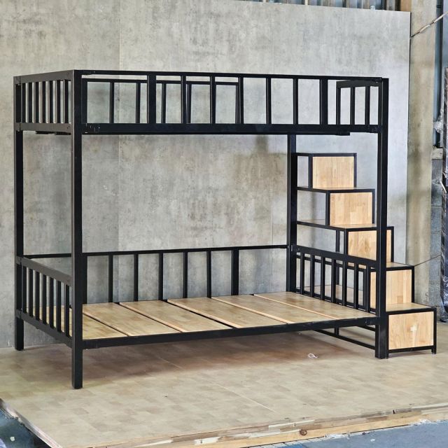 Giường tầng lắp ráp có bậc thang 250x125x180cm gỗ cao su chân sắt GT018
