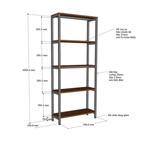 Kệ trang trí phòng khách 70x25x160cm gỗ cao su khung sắt KTT68073