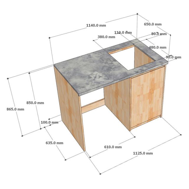 Tủ để máy rửa chén 114x65x86.5cm gỗ cao su mặt đá KMRC004